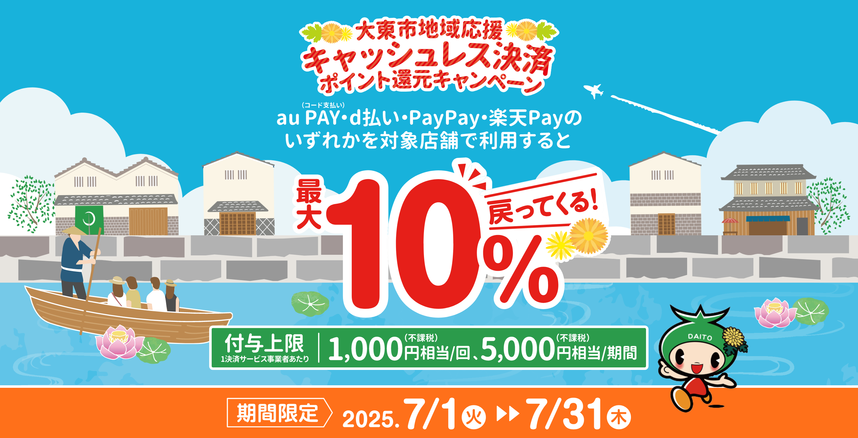 大東市地域応援キャッシュレスポイント還元キャンペーン au PAY（コード決済）・d払い・PayPay・楽天Payのいずれかを対象店舗で利用すると最大10％戻ってくる！ 付与上限（1決済サービス事業者あたり）1,000円相当／回（付課税）、5,000円相当／期間（付課税） 期間限定：2025年7月1日（火）〜7月31日（木）