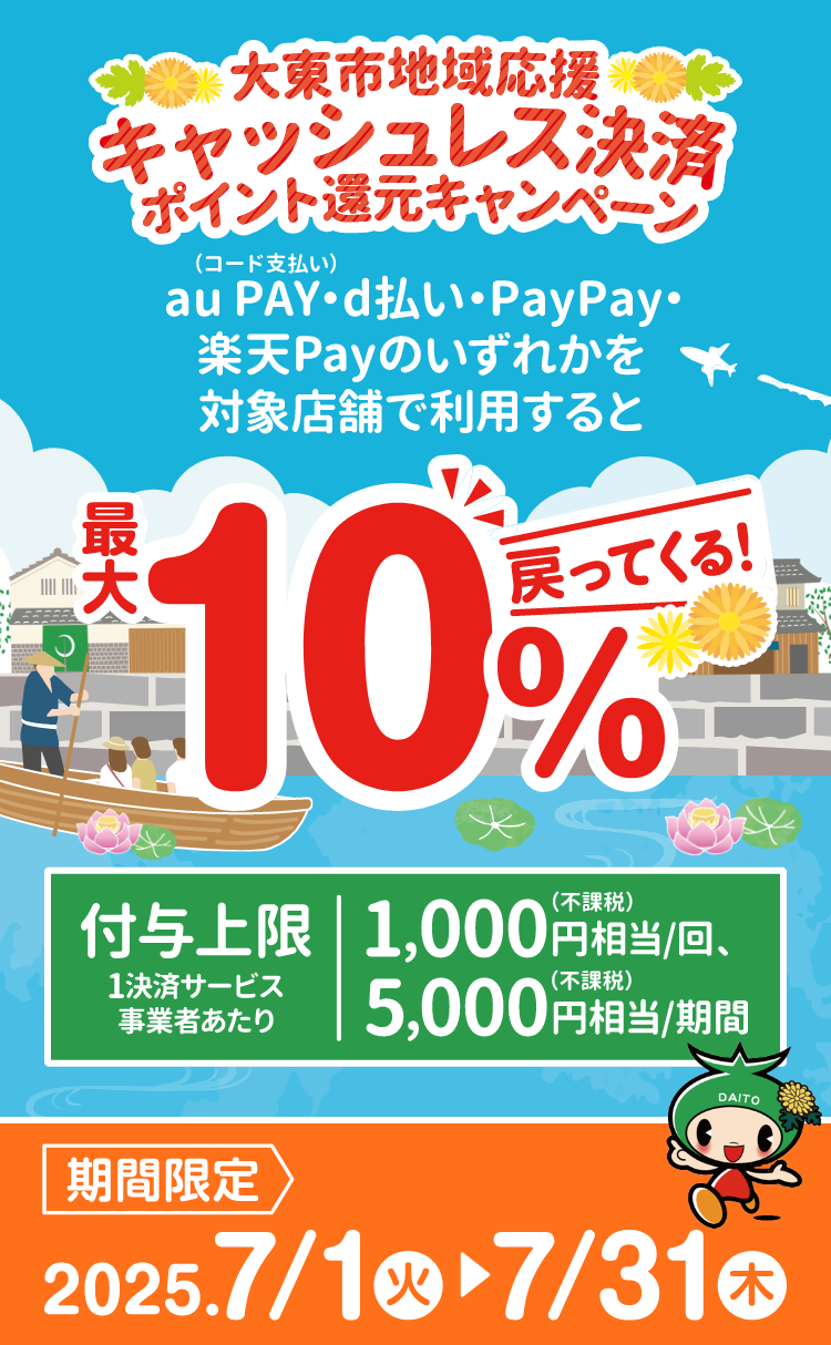 大東市地域応援キャッシュレスポイント還元キャンペーン au PAY（コード決済）・d払い・PayPay・楽天Payのいずれかを対象店舗で利用すると最大10％戻ってくる！ 付与上限（1決済サービス事業者あたり）1,000円相当／回（付課税）、5,000円相当／期間（付課税） 期間限定：2025年7月1日（火）〜7月31日（木）